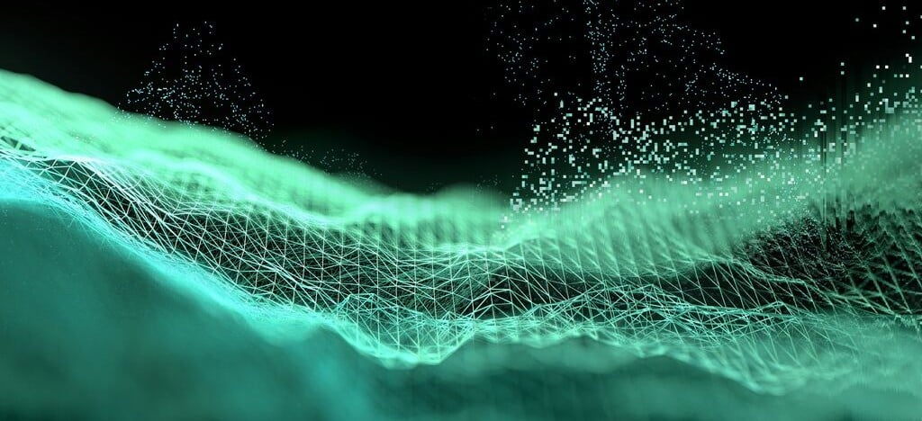 Abstract AI-inspired digital network illustrating connected data, machine intelligence and responsible AI assurance.