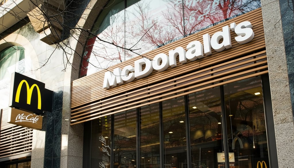 Exterior of a McDonald’s restaurant with large signage and the golden arches logo displayed above the entrance