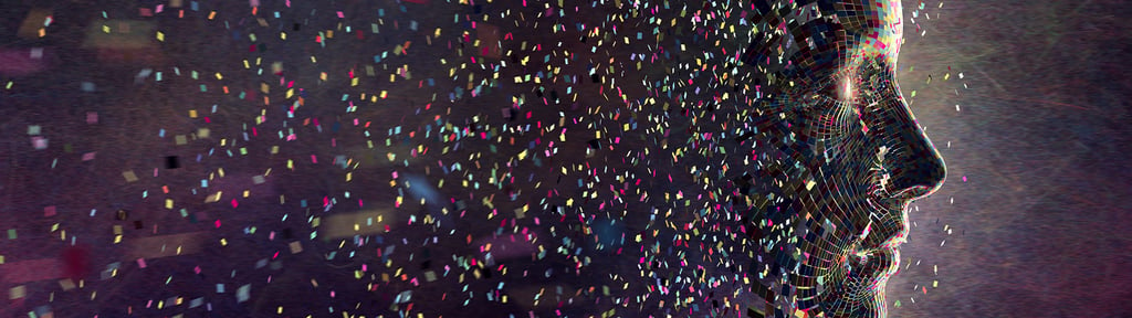 A conceptual images of thousands of multi coloured squares all moving in mid air against a black background, coalescing to form a the profile of a head.