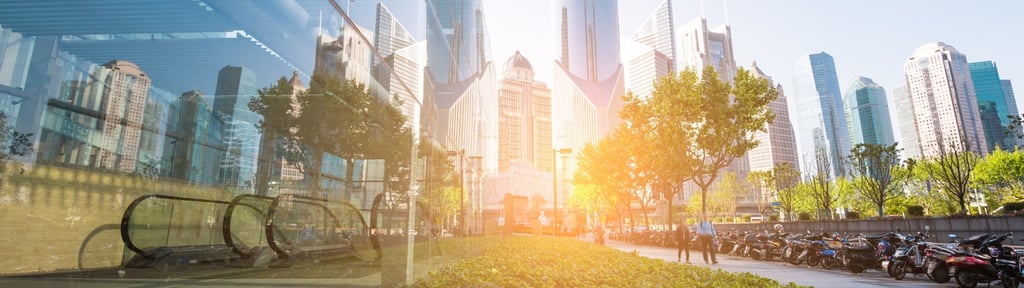 City skyline reflected in glass