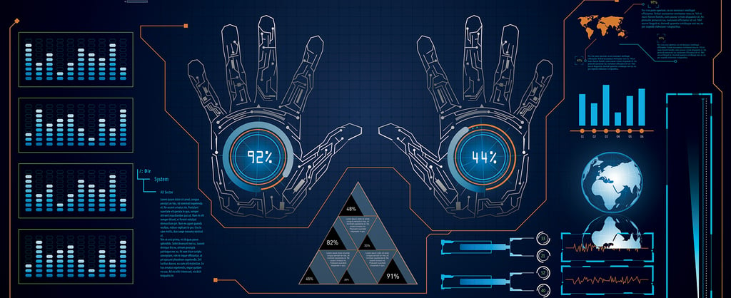 Hi-tech computer screen with handprints