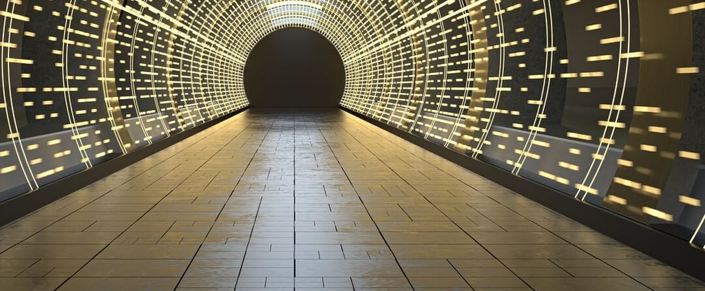 Dark round tunnel with glowing neon lights, 3d rendering. Computer digital drawing