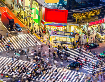 Tokyo, Japan view of Shibuya Crossing, one of the busiest crosswalks in the world.