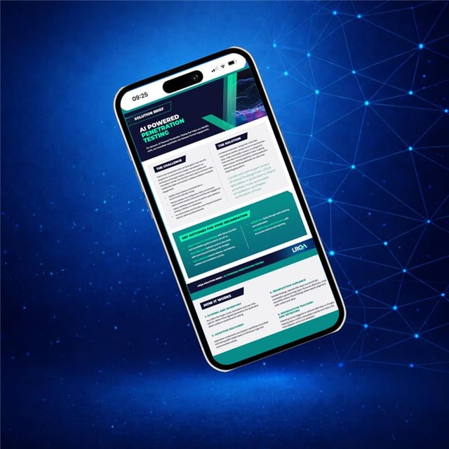 Smartphone displaying an LRQA AI Powered Penetration Testing solution brief with sections on challenges, solutions and key outcomes.