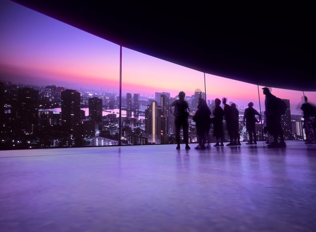 Group of people watching the city skyline at dusk