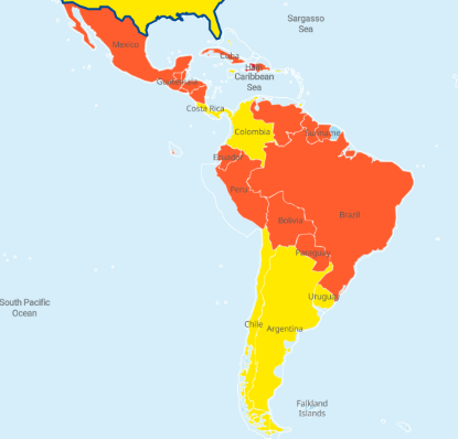 LAC & Caribbean map showing affected regions with a color coded breakdown of the social, environmental & overall risk.