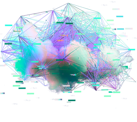 Ilustra&ccedil;&atilde;o abstrata com nuvem em tons suaves envolta por linhas e conex&otilde;es digitais coloridas