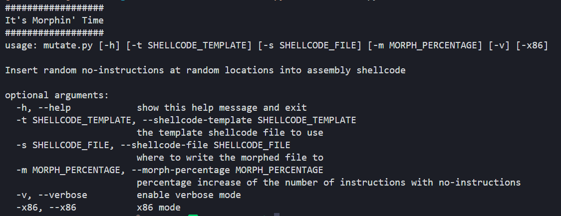 Help text for shellcode mutator.