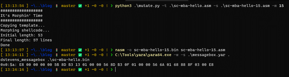 The mutated MessageBox shellcode no longer matches our yara rule.