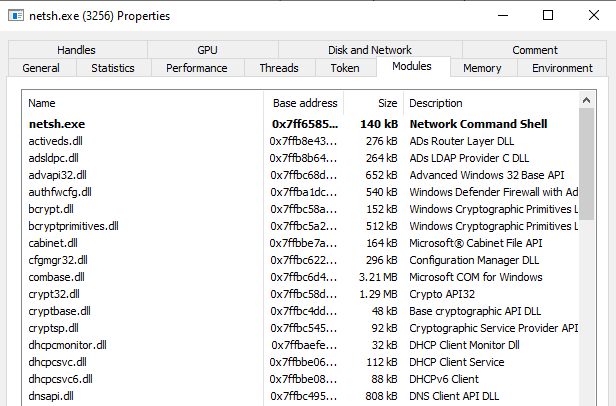 The module is not loaded in a genuine netsh process and the .NET tabs are not available.