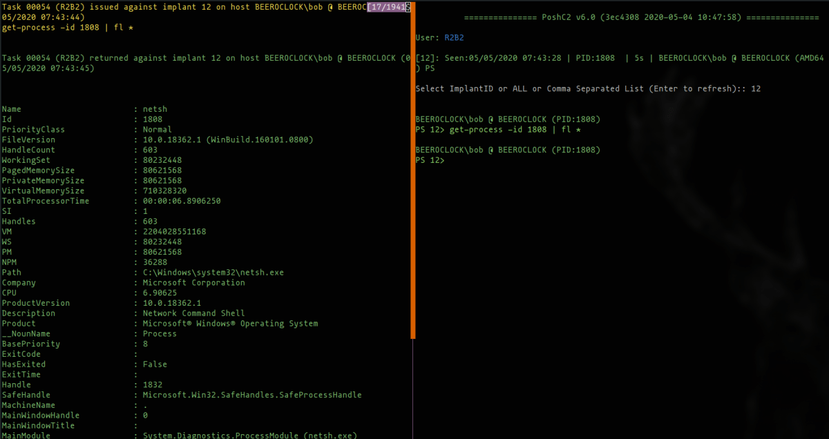 The PowerShell implant supports full PowerShell execution from any process (here netsh.exe) by loading System.Management.Automation.dll.