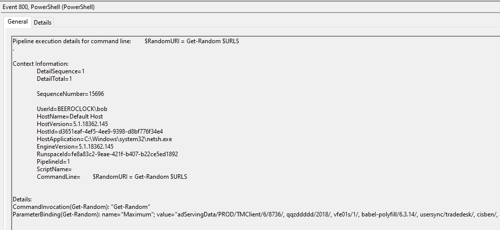 PowerShell ScriptBlock logging can reveal a wealth of information, here including the beacon URLs for PoshC2 and again netsh.exe as a host process.