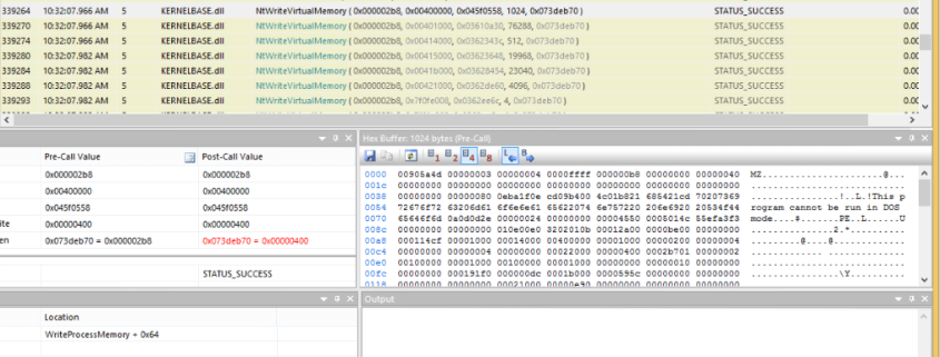 Figure 4 Malicious code written into memory locations in RegAsm